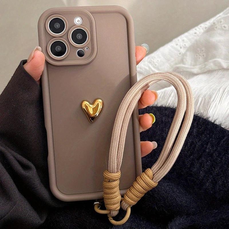 Bonito Coreano 3D Dourado Amor Coração Caso Macio Para iPhone 16 Pro Max 15 14 13 12 11 16E 7 8 Plus SE Corrente De Puls em Oferta na Shopee