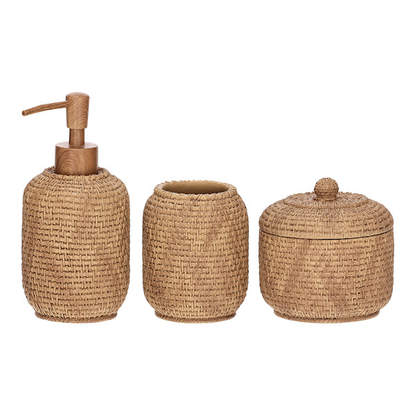 Kit Para Lavabo Banheiro Dispenser Copo E Pote Porta Algodão Boho Chic Em Poliresina 3 Pcs