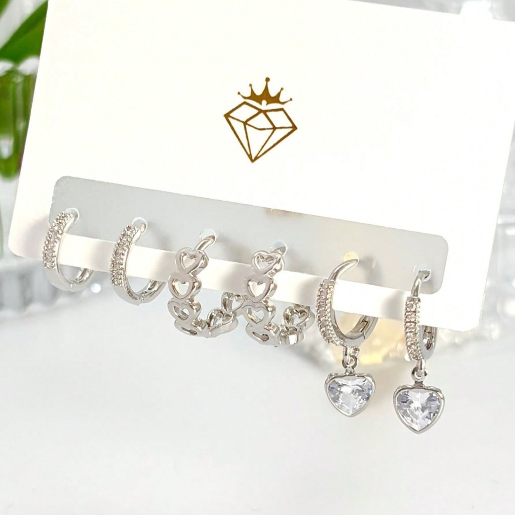 Kit 3 pares brincos da moda, elegantes brincos com pingente de zircônia em forma de coração — imagem 2 de 2