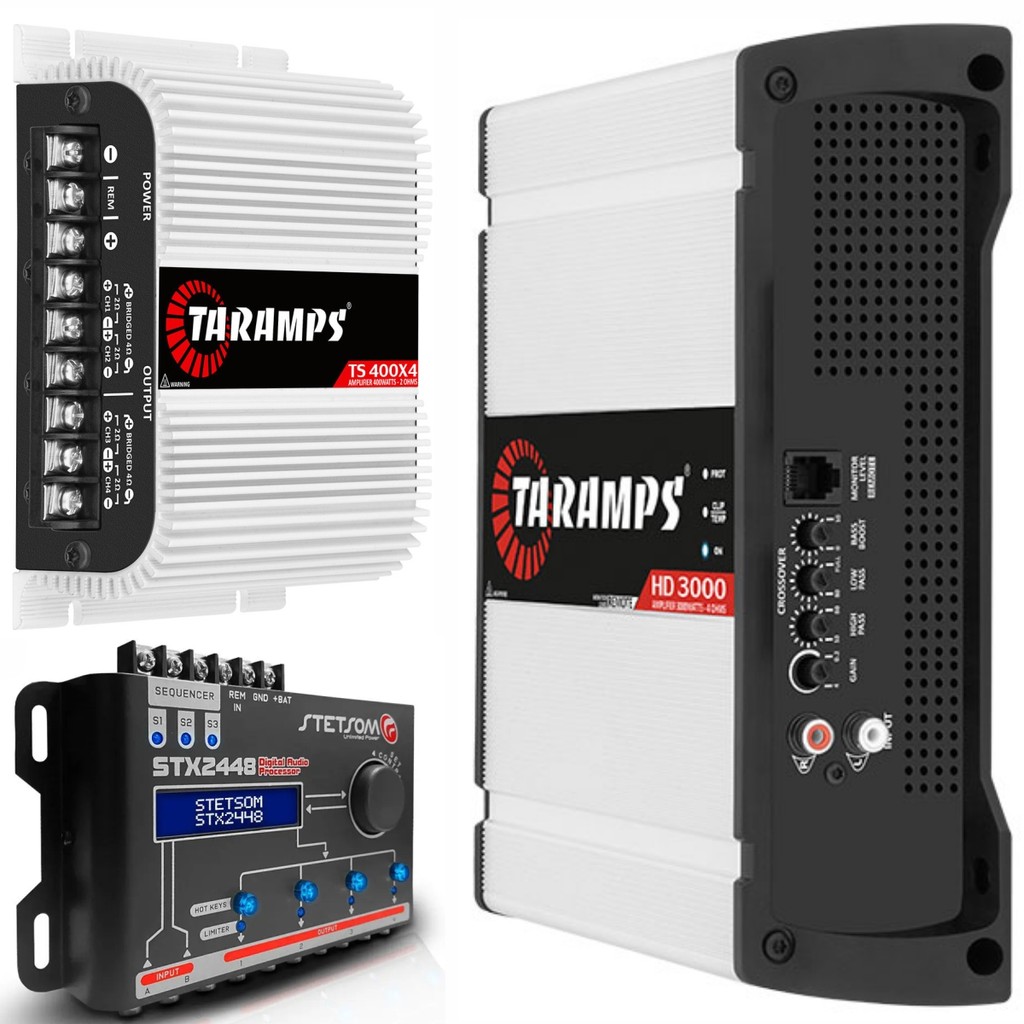 Módulo Amplificador Taramps TS400x4 400W + HD3000 3000W 1 Canal 4 Ohms + Processador STX2448 4 Vias