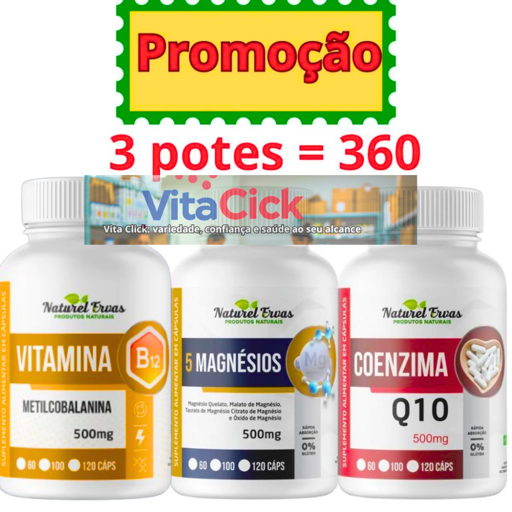 KIT 3 POTES = 01 Pote de Vitamina B12 Metilcobalamina 500mg / 01 Pote de 5 Magnésios 500mg / 01 Pote de Coenzima Q10