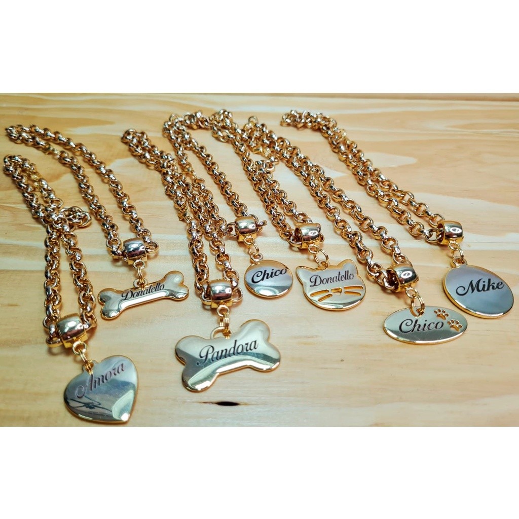 Coleira Identificação Corrente Placa Nome Telefone Gravado Laser Plaquinha Dourado Cachorro Gato Pet Personalizada
