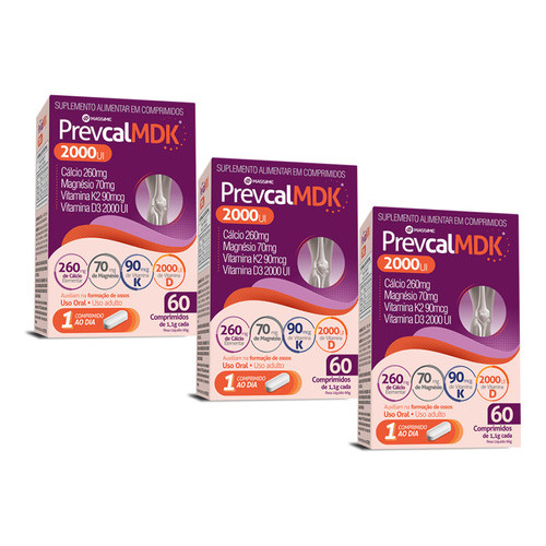 3x Prevcal Mdk 2.000ui 60cpr - Vitaminas D K Magnésio Calcio