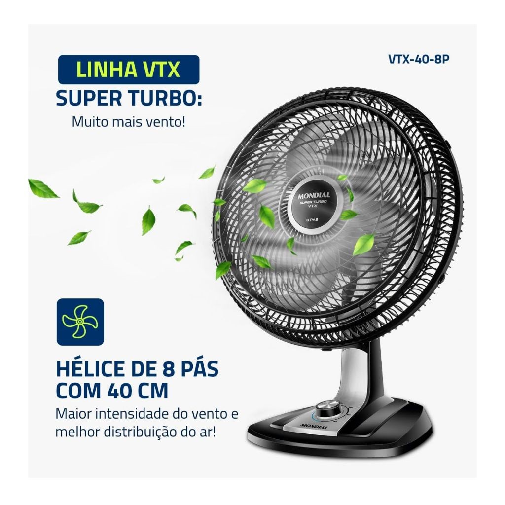 Ventilador 40cm Super Turbo 8 Pás, Mondial, Preto/Prata, 140W, 110V - VTX-40-8P