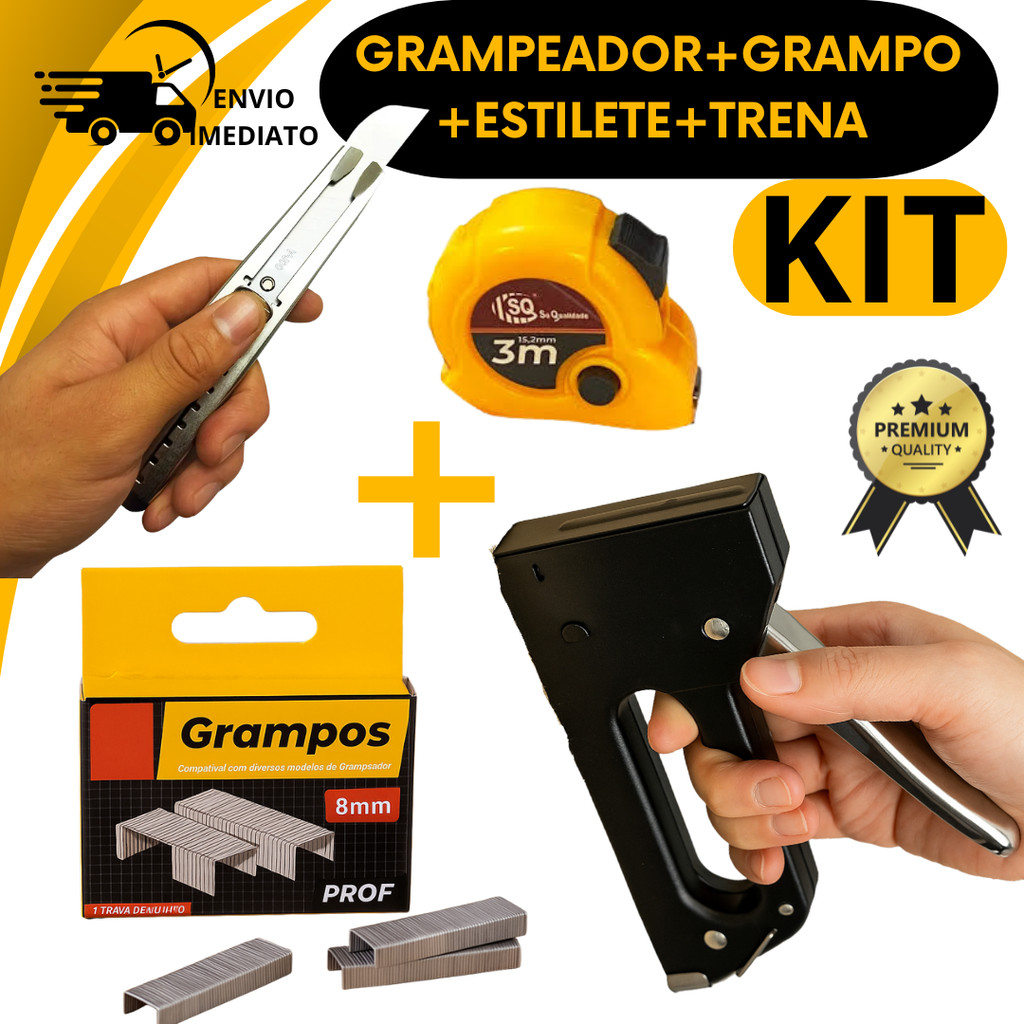 Kit Grampeador De Tapeceiro Alta Pressão Manual 1000 Grampos 8MM Estilete Trena 3M Tecido Estofado