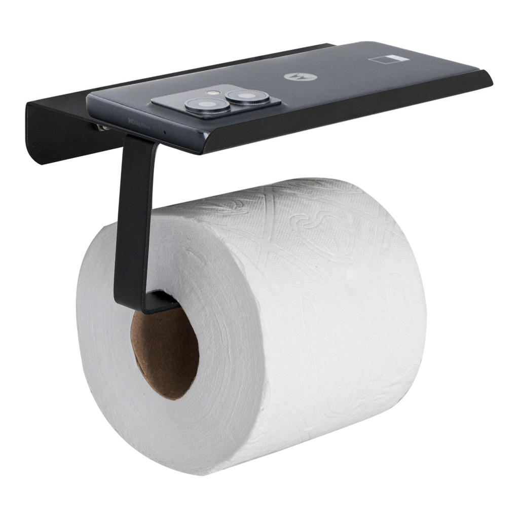 Porta Papel Higiênico Prateleira Porta Celular Suporte de Parede Preto Fosco Adesivo para Banheiro — imagem 2 de 2