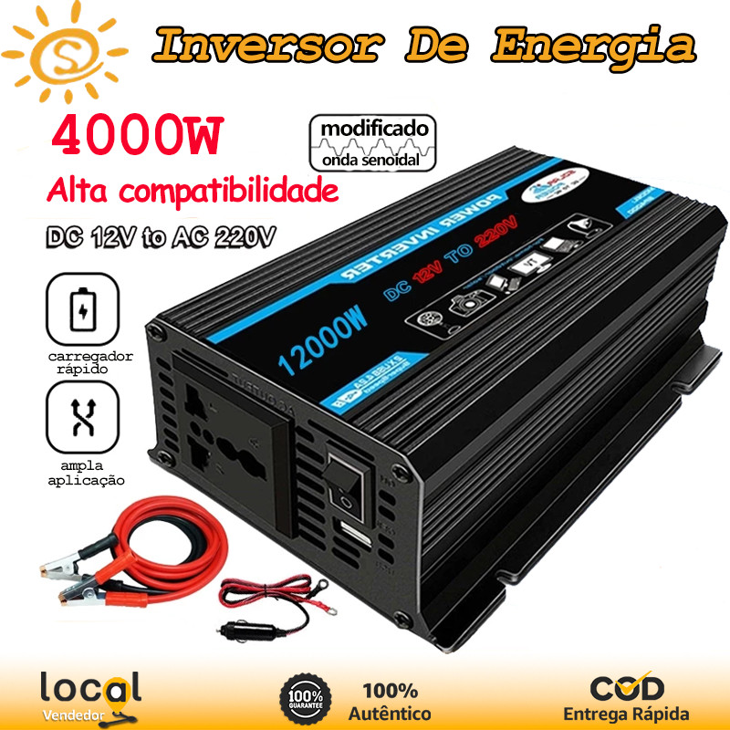 Inversor de Energia 4000W 12V para Carro e Casa com USB Duplo, Visor LCD e Conversão DC 12V para AC 220V