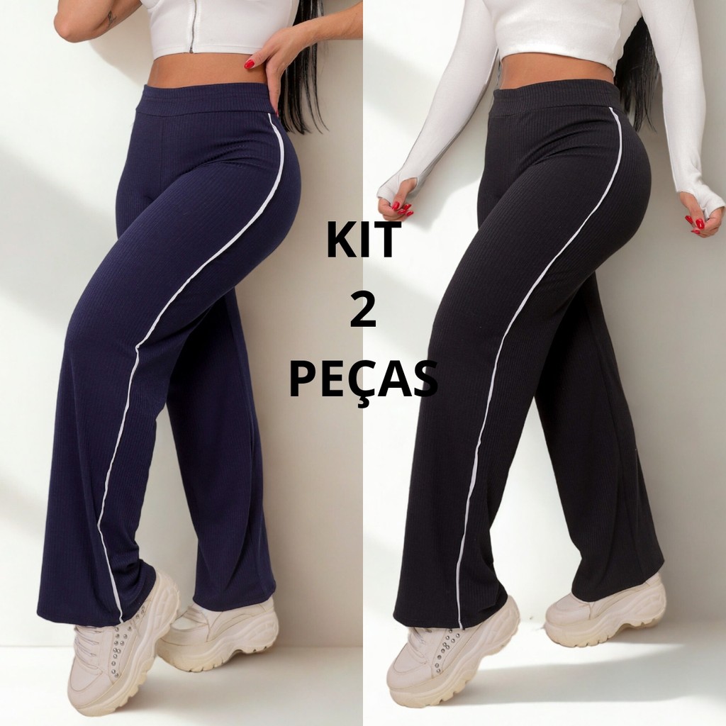2 PEÇAS Calça Feminina Canelada Detalhe Branco Lateral Confortável Casual em Algodão e Elastano
