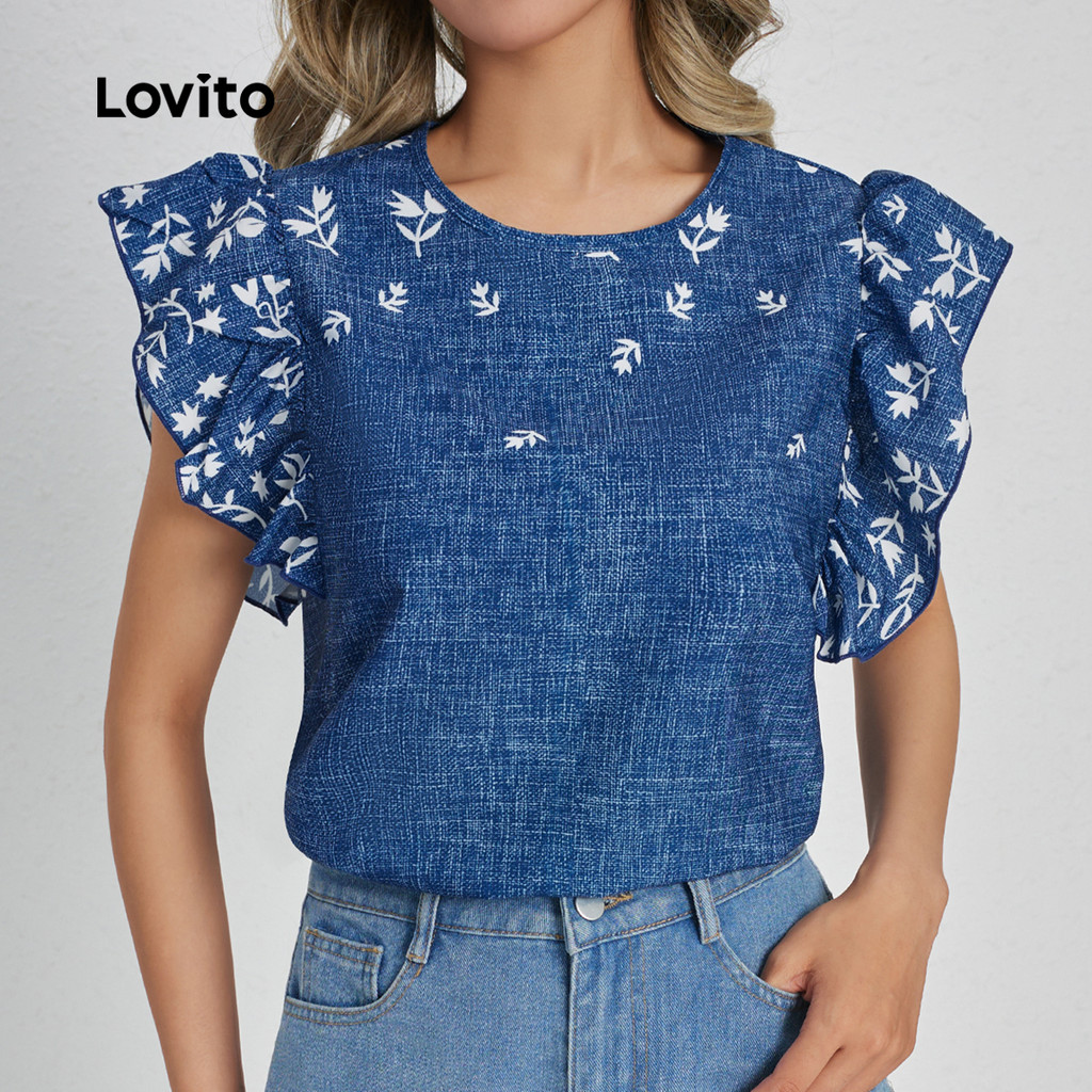 (Trendy) Lovito Blusa Casual Com Babados Florais Para Mulheres L131LD1249 - Women Clothes