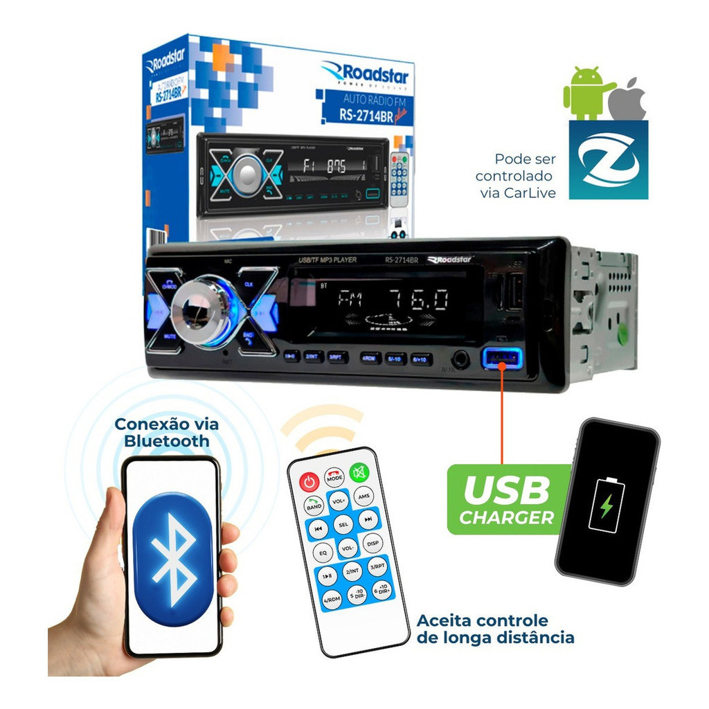 Rádio Mp3 Roadstar Bluetooth Potente 2 Usb Carrega Celular Premium