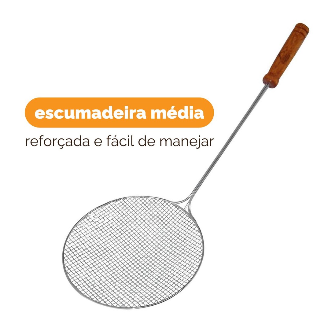 Escumadeira Redonda de Aço Galvanizado 13 cm Cabo de Madeira para Fritura de Pastéis e Salgados em Oferta na Shopee
