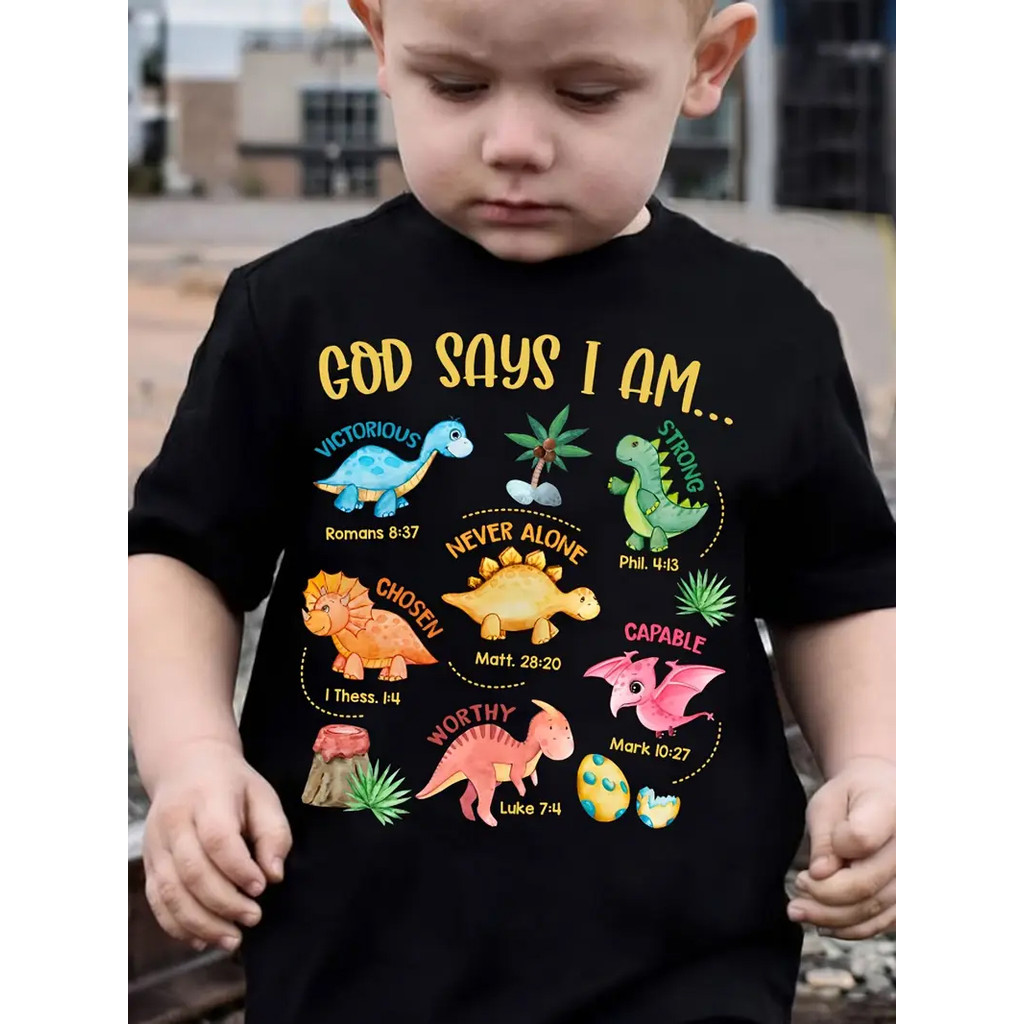 Camiseta Infantil Estampa de Dinossauros Versículos Bíblicos Para Meninos 100% Algodão