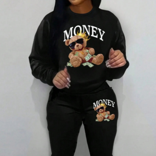Conjunto Moletom Gola Redonda Calça Moletom Feminino Urso Money Streetwear Inverno Casual Forrado