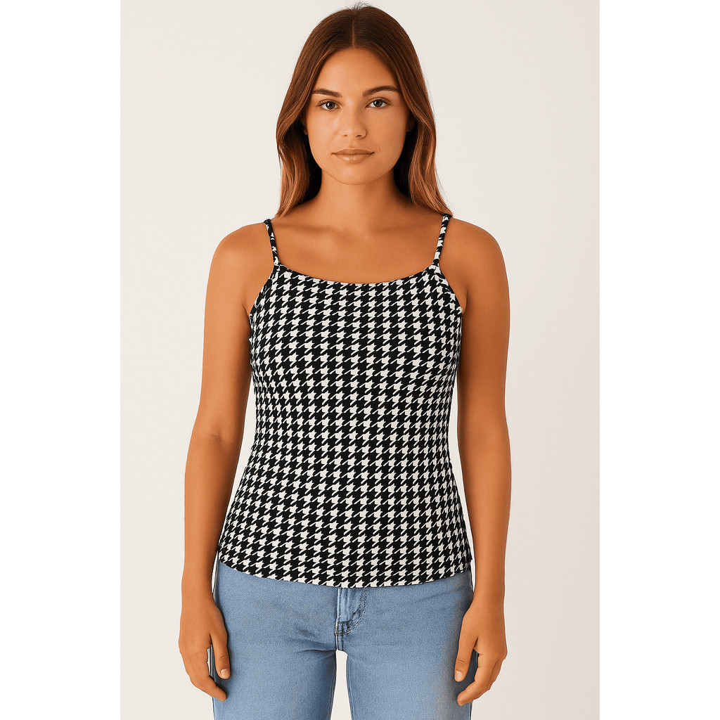 blusa feminina estampa pied poule elastano alça regata confortável