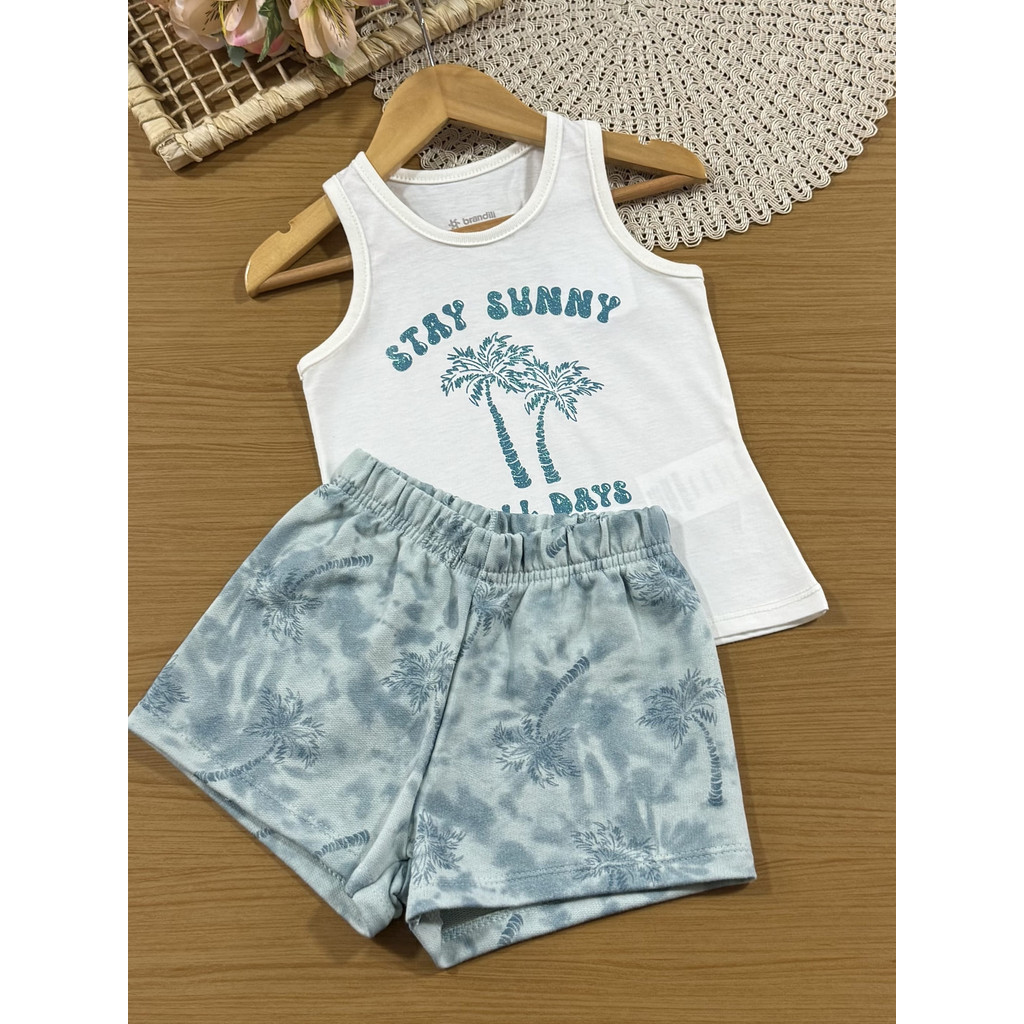 Conjunto Infantil Brandili Menina com Shorts Verde e Regata Branca Stay Sunny