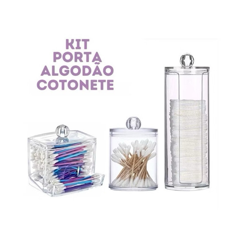 Kit Completo Porta-Cotonetes e Algodão 3 Peças - Organização Prática e Elegante para Seu Banheiro em Oferta na Shopee