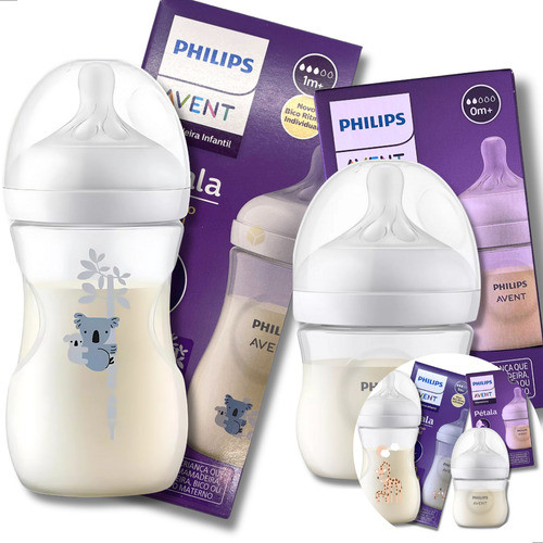 Kit 2 Mamadeiras Philips Avent Pétala 125ml Transparente E 260ml Decorada Coala Ou Girafa Com Bicos 0m (rn) A 3m