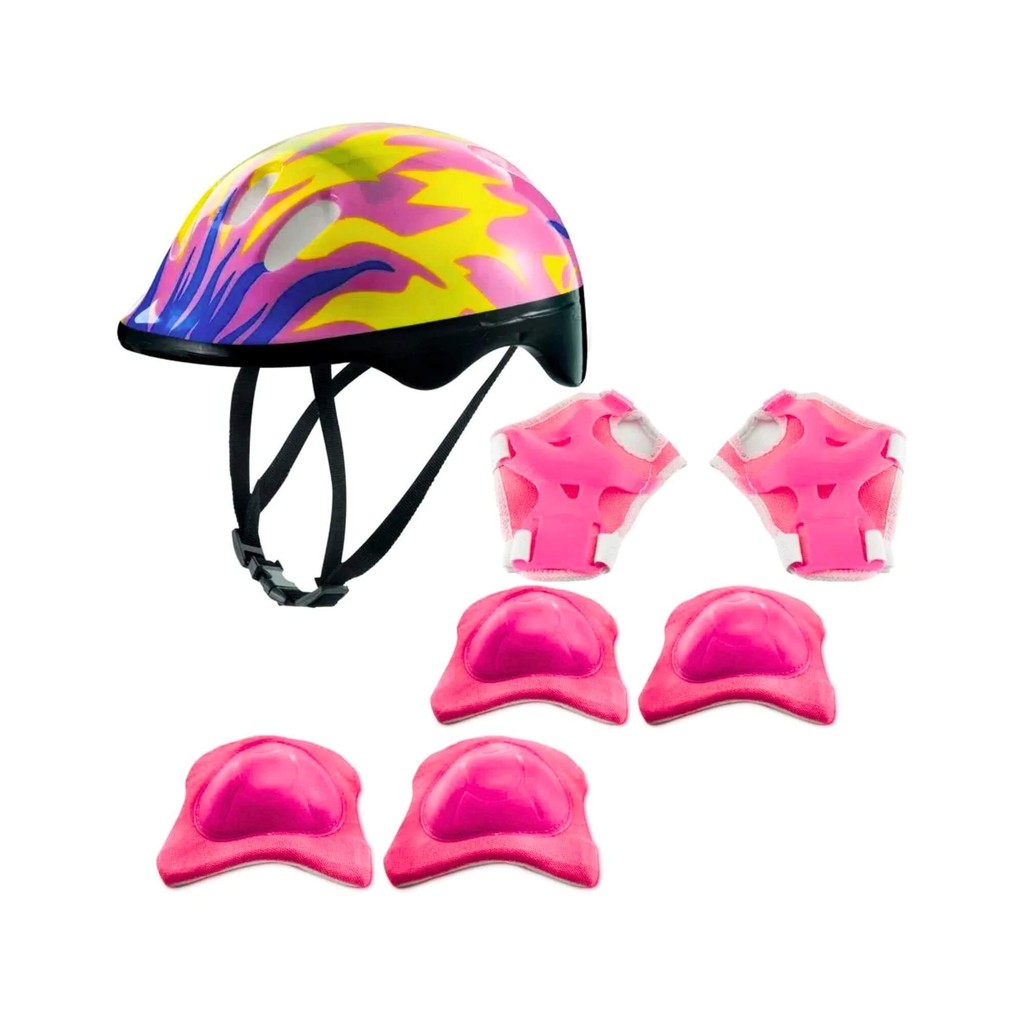 Kit de Proteção Infantil Rosa Chamas c/ Capacete e Acessórios Zippy Toys - 6654