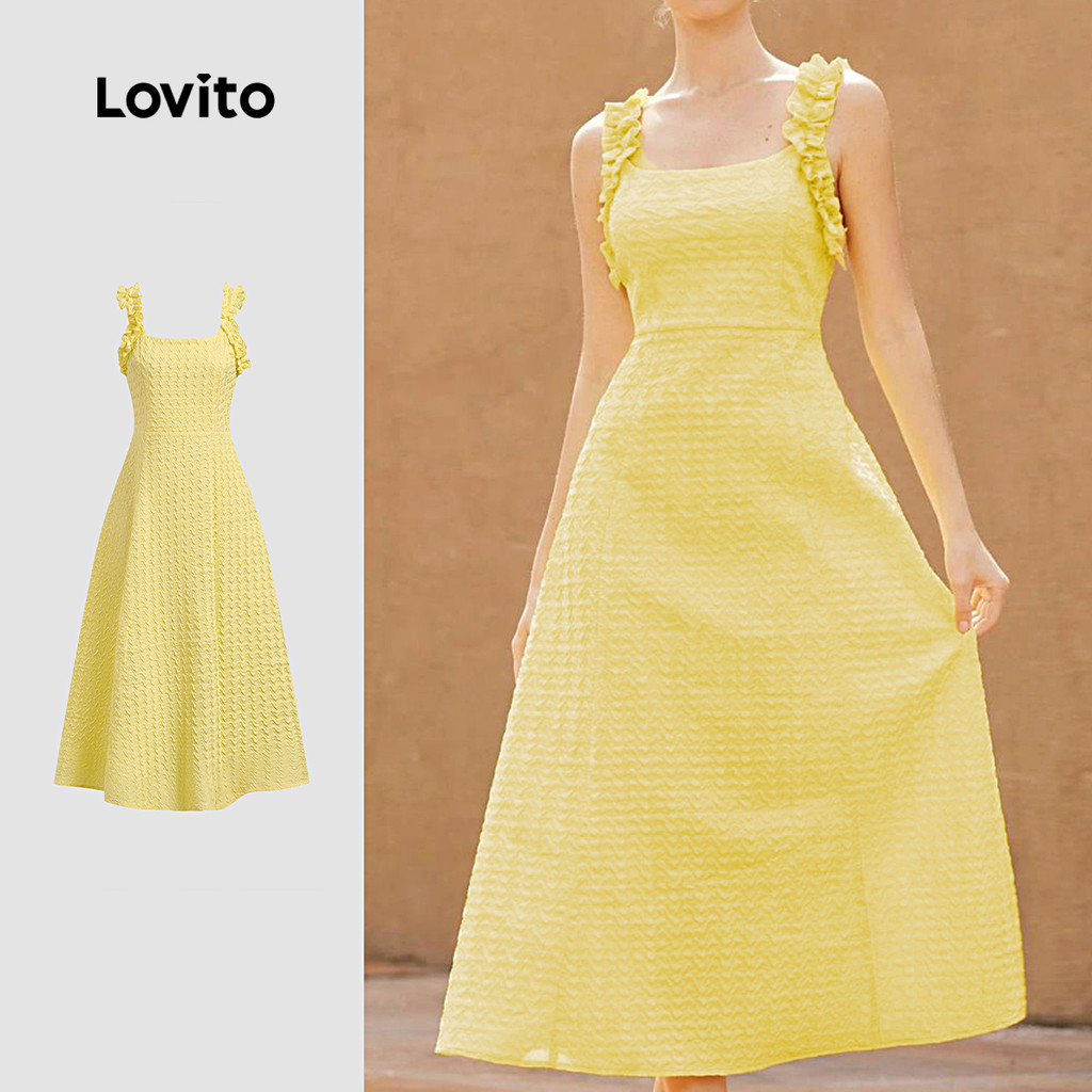 Lovito Vestido Casual Jacquard Alface Guarnição Verão/Primavera Vestido Amarelo Para Mulheres L134ED627