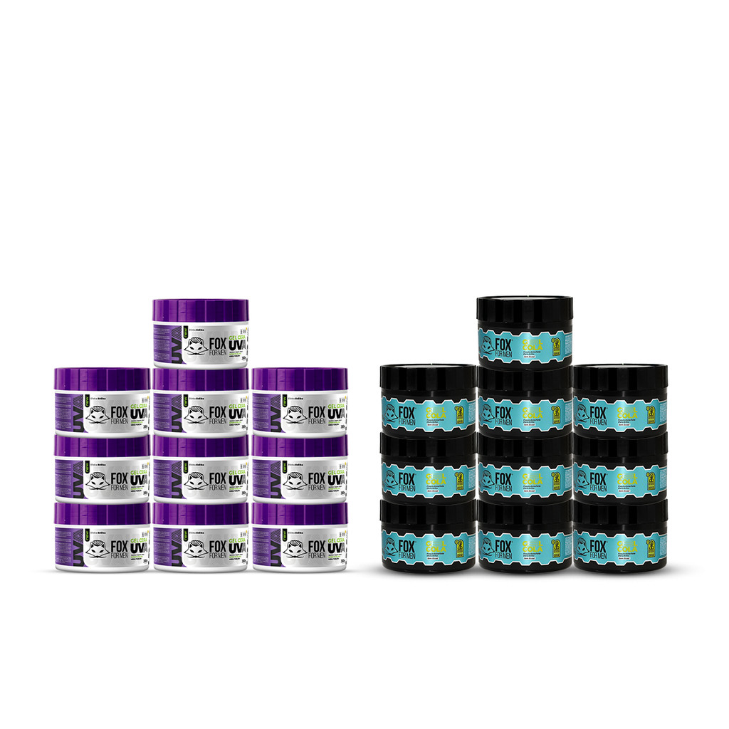 Kit 20 Gel FOX FOR MEN 10 Cera Uva + 10 Cola 300g Atacado Barbeiros Fixação Extra Forte Original