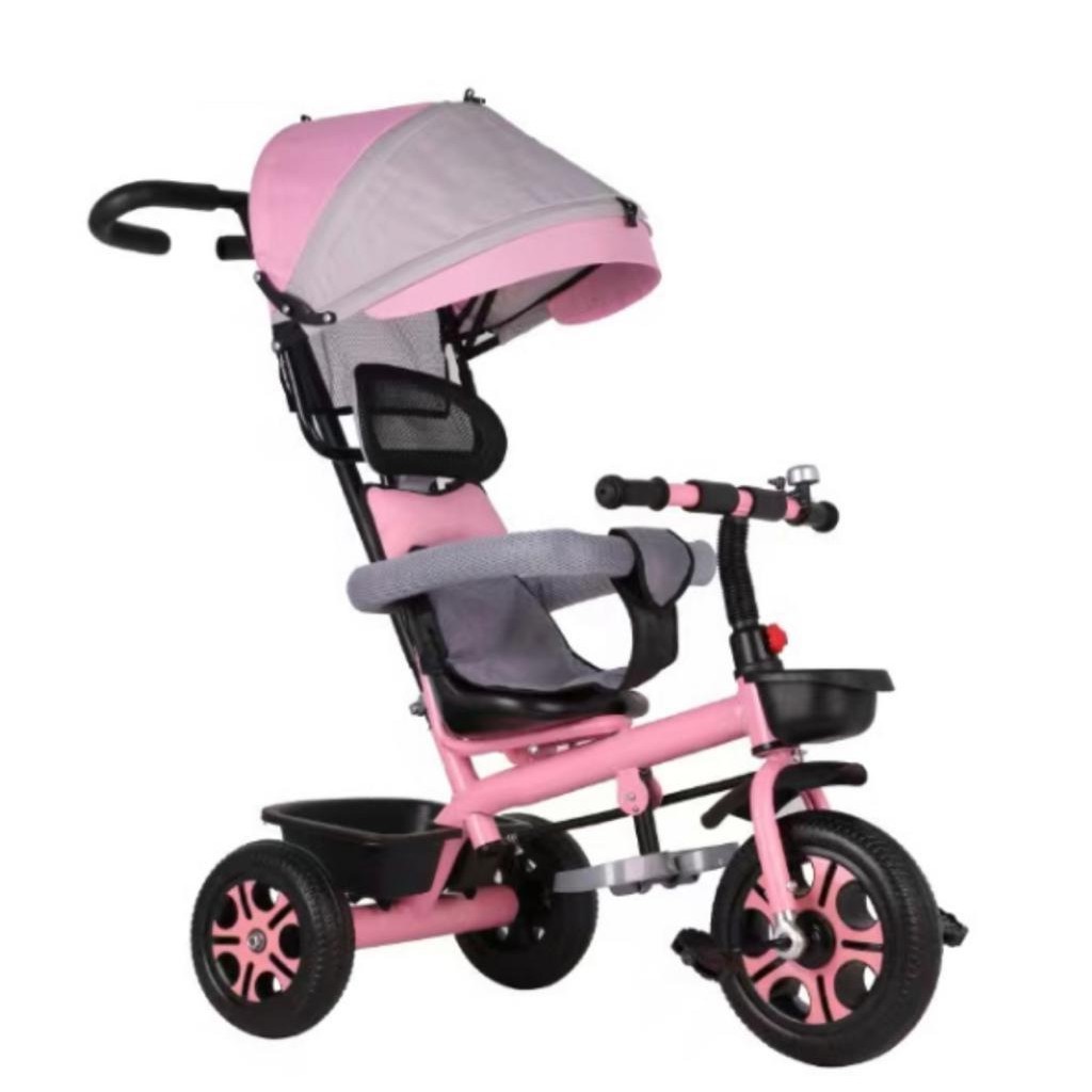 Triciclo Carrinho Infantil c/ Empurrador e Capota Rosa