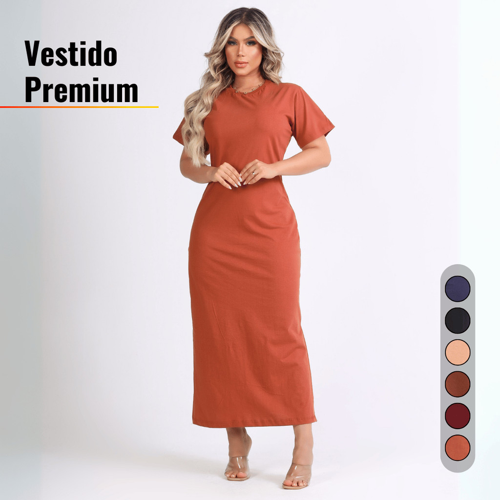 Vestido Feminino Longo Manga Curta 100% Algodão Gola Ribana Boho Chick Moda Casual Outono ...
