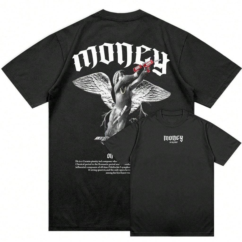Anjo Money dinheiro angel asas Camiseta Unissex Masculino Feminino 100% Algodão Streetwear Plus Size