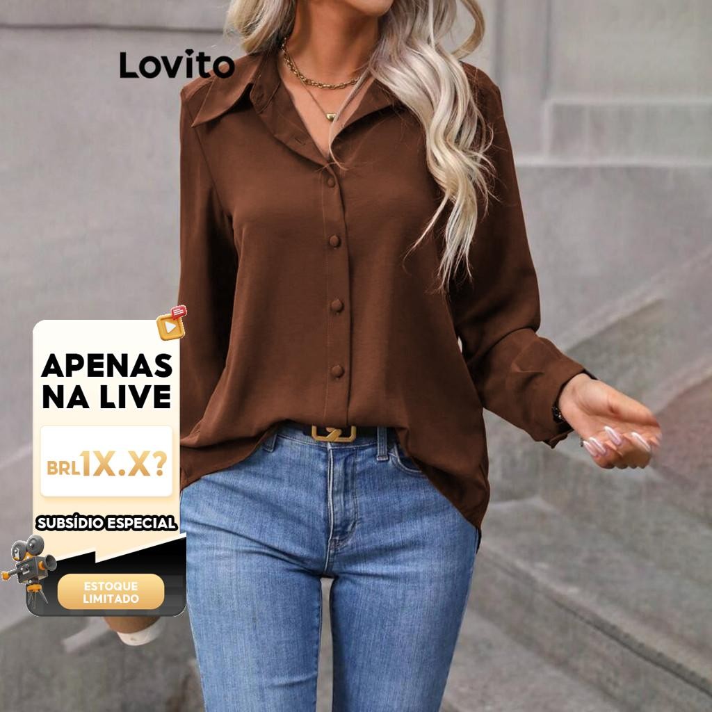 (Live Hosts' pick) Lovito Blusa Casual Blusa Frontal Com Botão Liso Para Mulheres LNL298 - Women Clothes