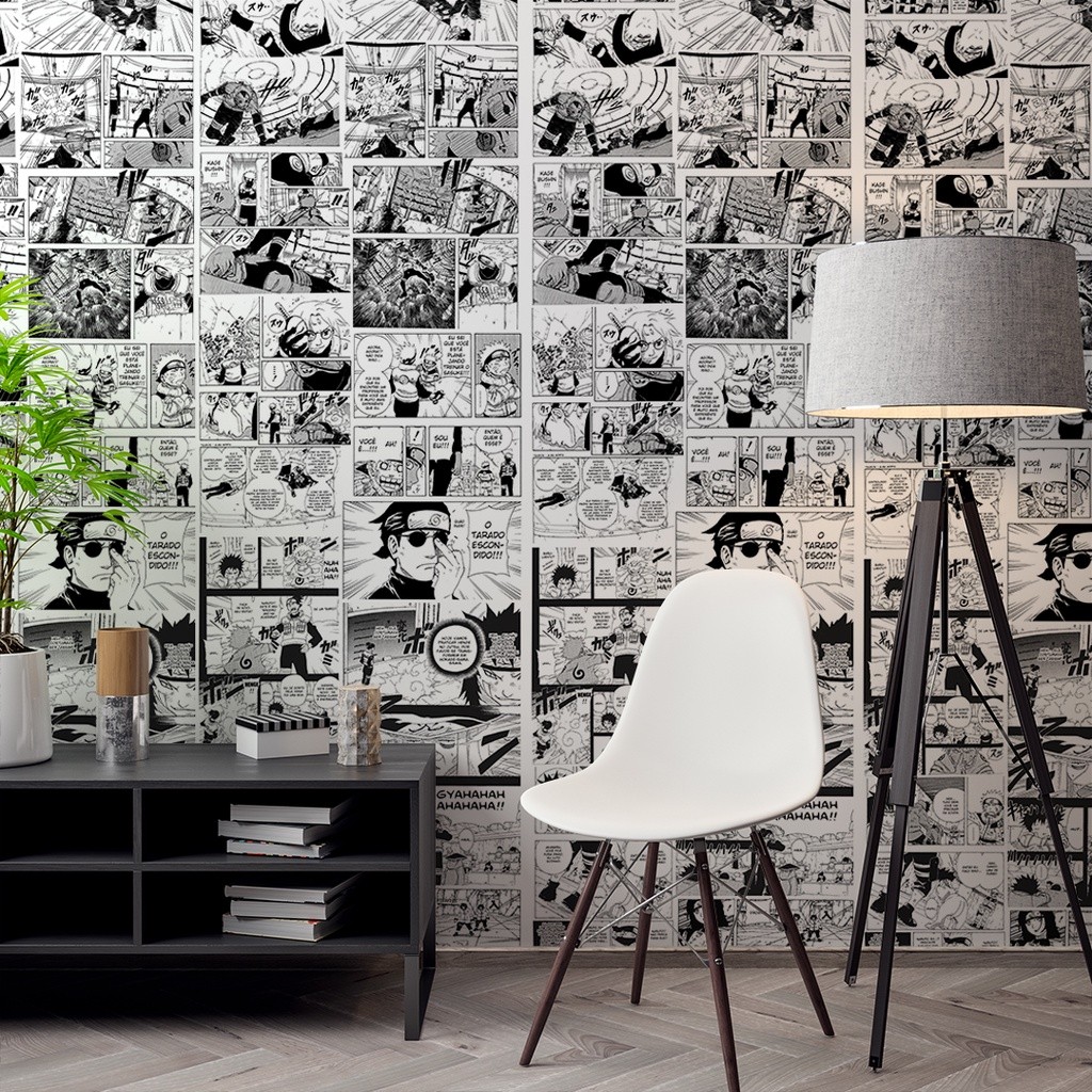 Adesivo Papel De Parede Naruto Clássico Manga Quadrinhos HQ Preto e Branco Lavável 3 Metros