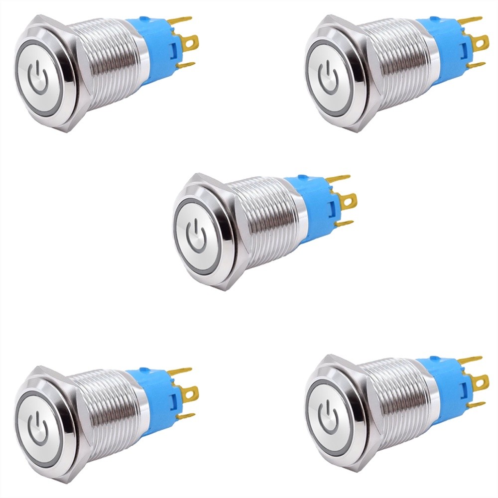 Kit 05 Botao Liga/desliga Metal Com Trava 19mm 12v Led Verde