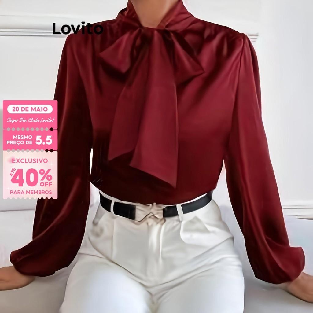 (Trendy) Lovito Blusa Casual Blusa Lisa Com Cadarço Para Mulheres LNL71180 - Women Clothes