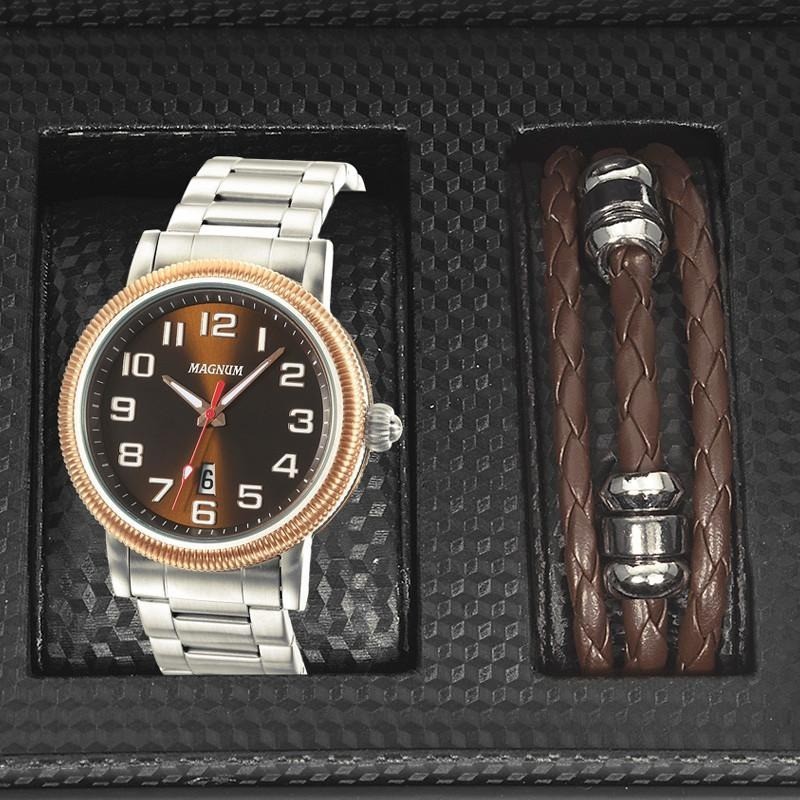 RELÓGIO MAGNUM MASCULINO PRATA KIT PULSEIRA COURO MA21946C