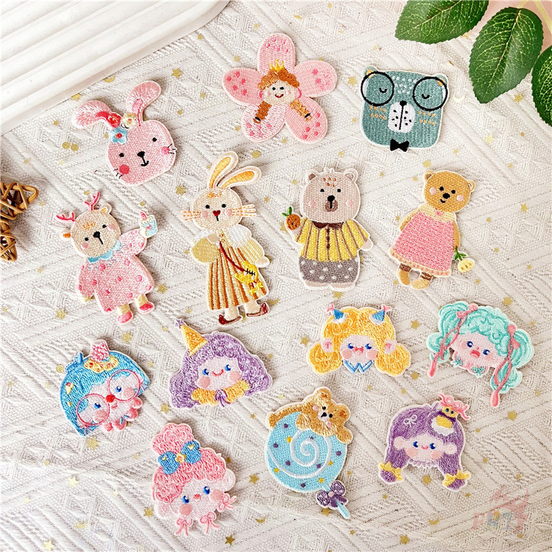 ❁ Q Girls & Animals-Patch Adesivo Autoadesivo Colorido Macaron 1 Peça Coelho/Urso/Ulito/Flor Faça Você Mesmo Costura Em