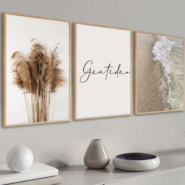 Kit 3 Quadros Gratidão Areia Mar Sala Quarto Escritório Hall 40X60CM