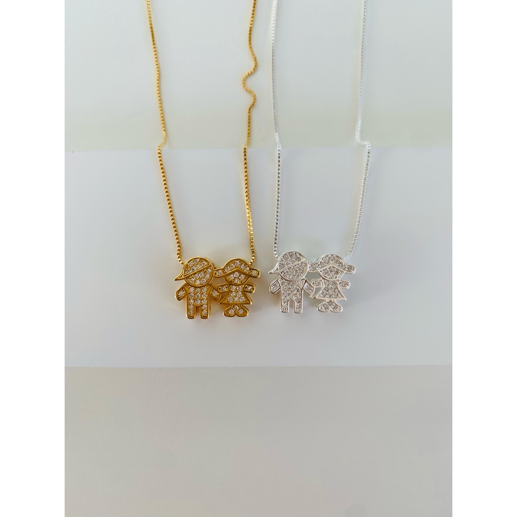 Colares semi joia prata 925 e ouro 18k casal com zircônia