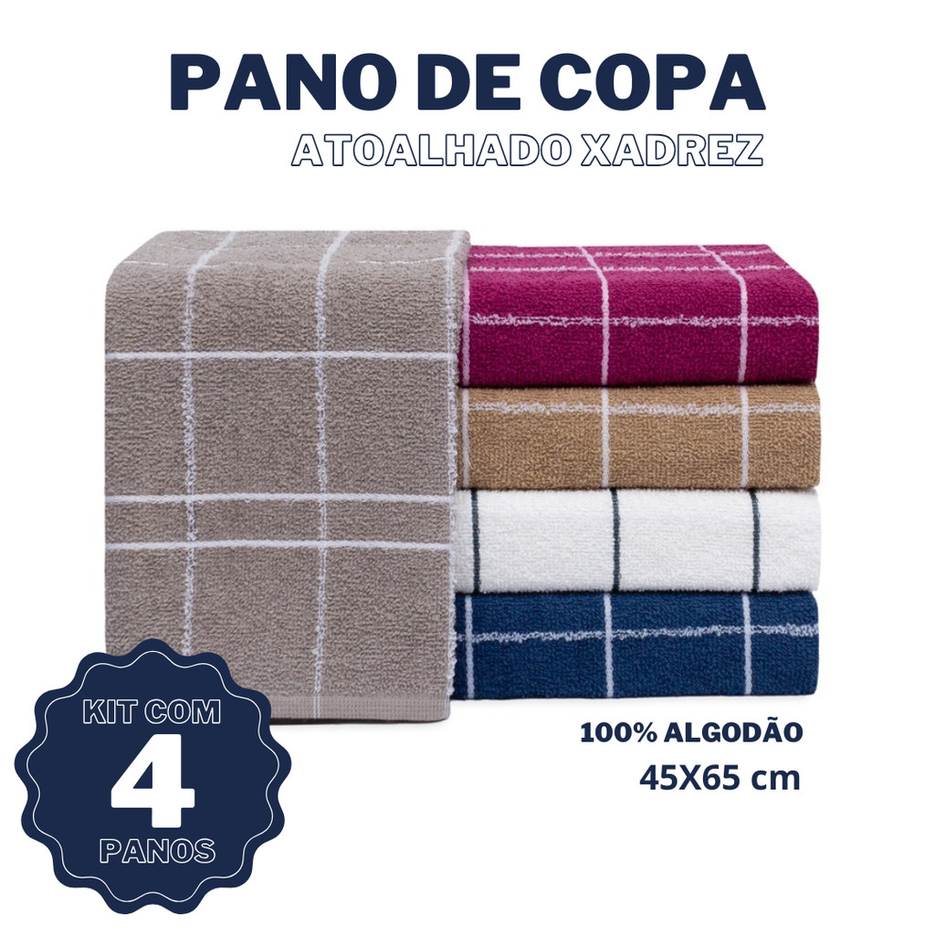 Kit 4 Pano de Prato Copa Atoalhado Xadrez 100% Algodão