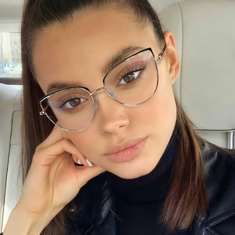 Moda Armações De Metal Olho De Gato Anti Luz Azul Óculos Feminino Ópticos Quadro De Computador em Oferta na Shopee