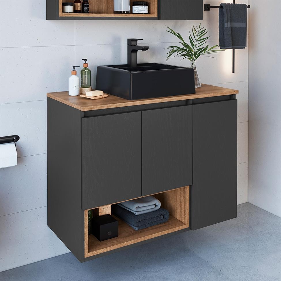 Gabinete de Banheiro com Cuba Cecília II 3 PT Grafite e Mel em Oferta na Shopee