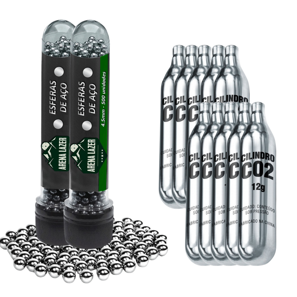 Kit 1000 Esferas 4.5mm e 10 Cilindros Co2 para Pistolas Airgun Airsoft Rossi R11 M9 24/7 G11