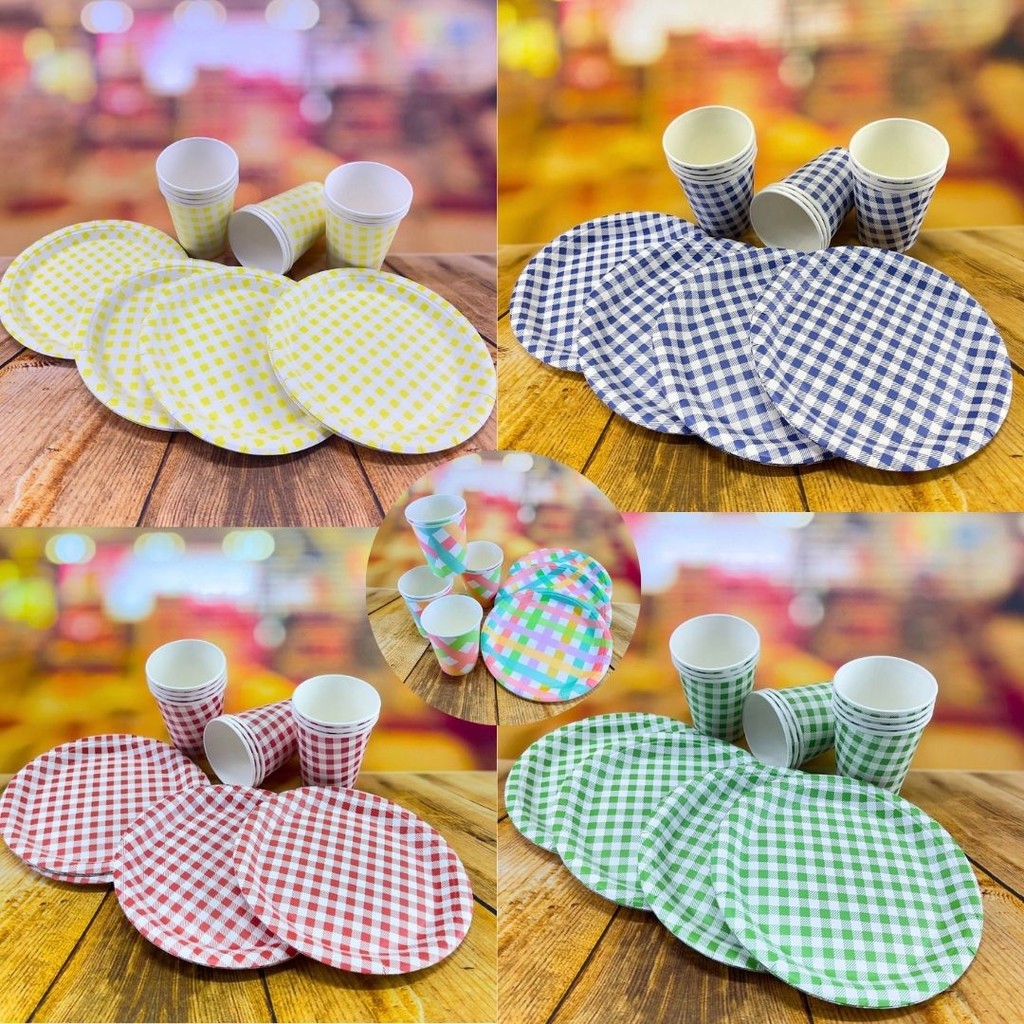Kit Descartável 10~50 Prato E 10~50 Copo Papel Xadrez Aniversário Ecológico Festa Junina SILVER FESTAS Premium