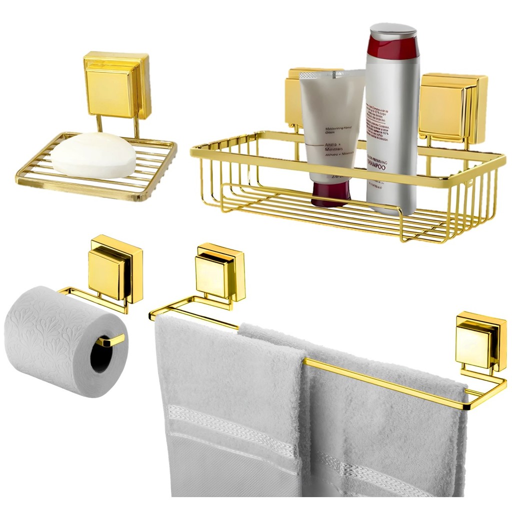 Kit Banheiro Suporte Porta Shampoo Papel Higiênico Saboneteira Toalheiro 45cm Ventosa Dourado Future