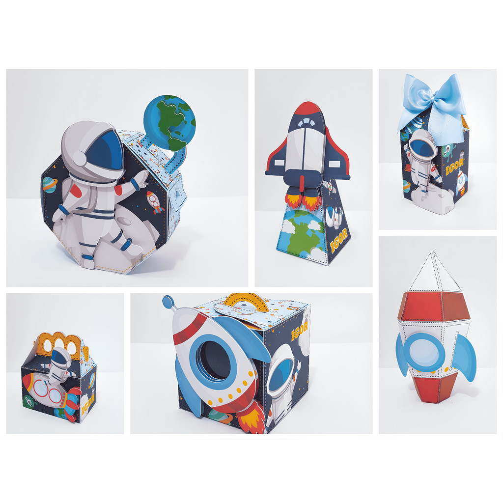 Kit Papelaria Personalizada Astronauta E seu Foguete Caixa Caixinha para Festa DESMONTADO em Oferta na Shopee