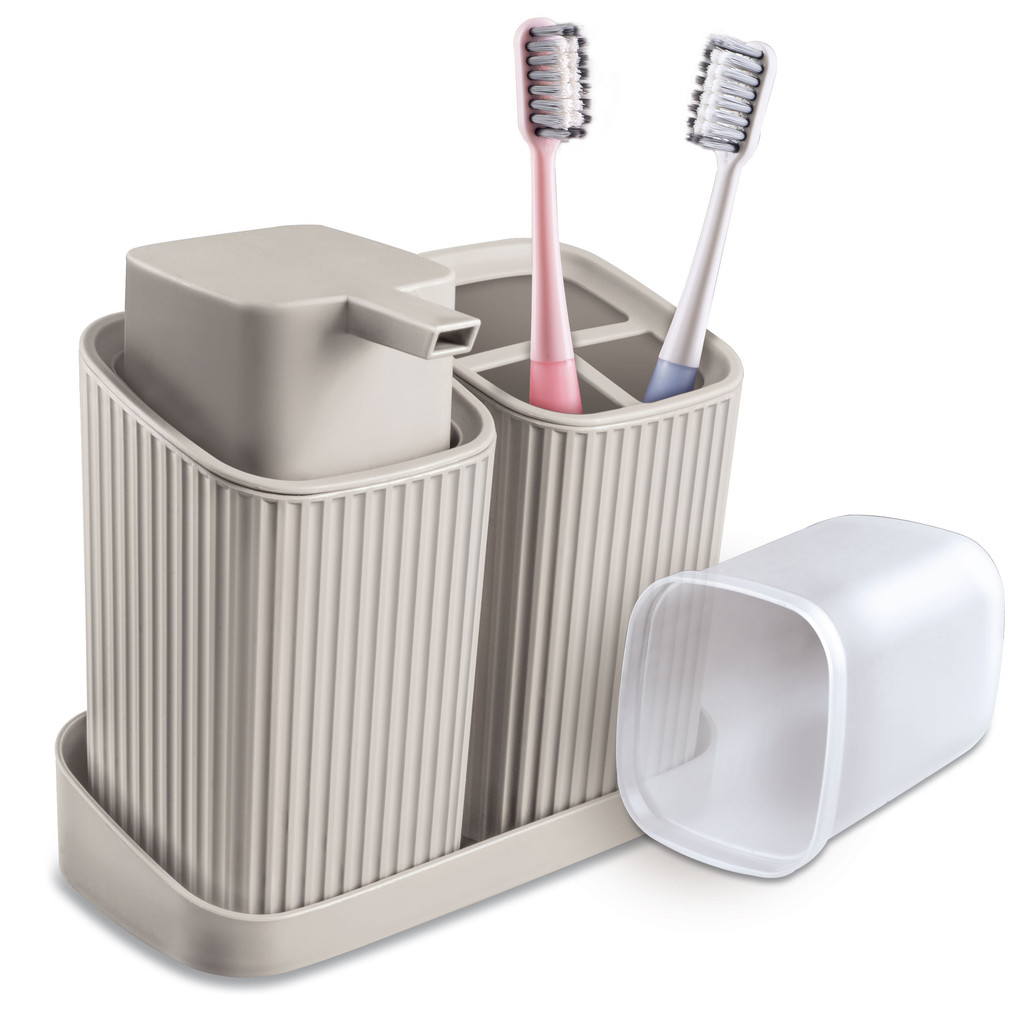 Kit Banheiro 03 Peças - Porta Sabonete liquido - Porta Escova - Bandeja em Oferta na Shopee