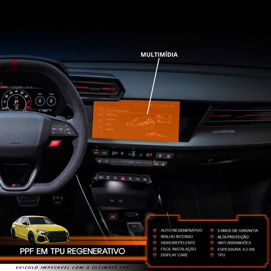 Película PPF Proteção Kit Multimídia Audi RS3 2025 Transparente TPU Anti Risco