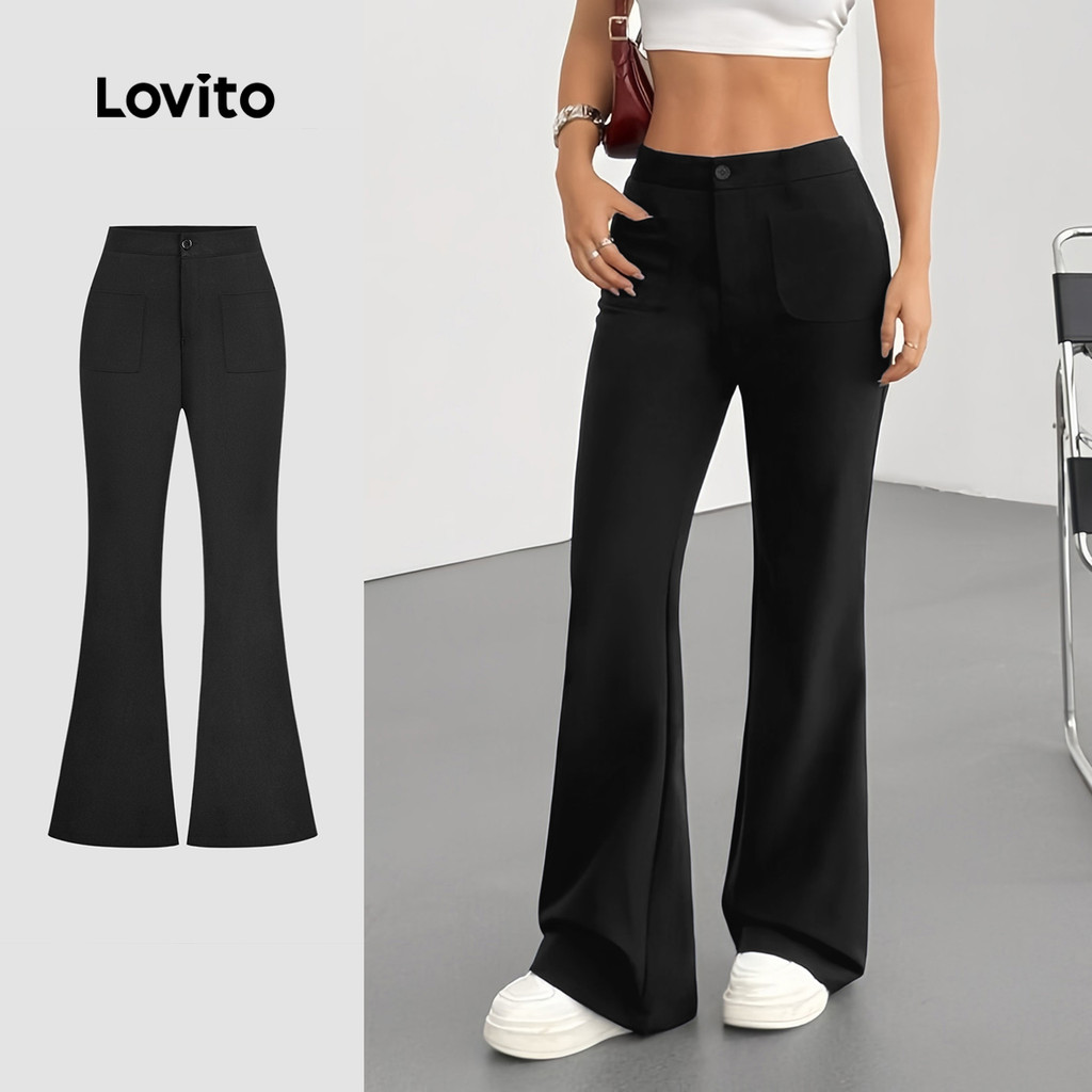Lovito Casual Liso Bolso Botão Zíper Primavera/Verão Calças Pretas Para Mulheres L135A2D255 em Oferta na Shopee