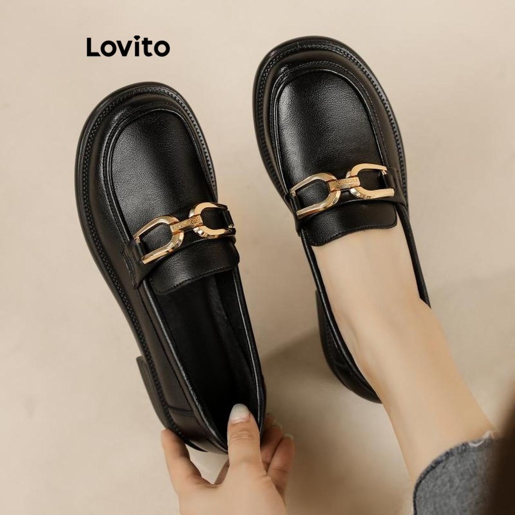 Lovito Vintage simples de Metal versátil sapatos de couro mocassins para mulher LFA74244 - Women Shoes
