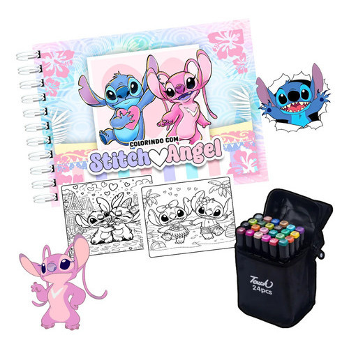 Kit Livro De Colorir Stitch Angel 50 Folhas 180g Com 24 Canetinhas Profissionais
