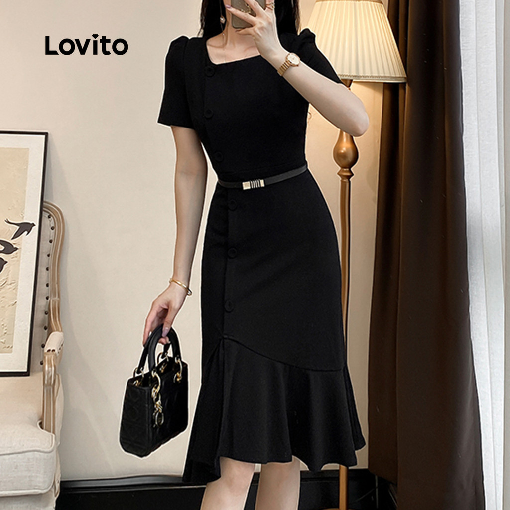 (Trendy) Lovito Vestido Elegante Com Botão Assimétrico Primavera/Verão Vestido Preto Para Mulheres L135ED246 - Women Clothes
