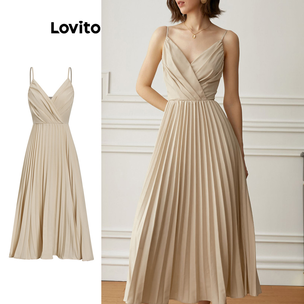 Lovito Vestido Elegante Vestido Plissado Liso Para Mulheres L105MD560 - Women Clothes