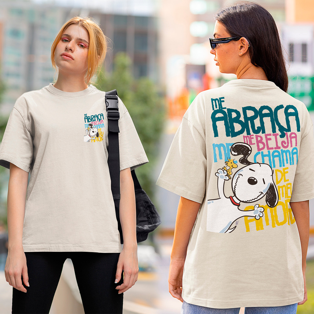 Camisa Snoopy Feminina Frase Me Abraça Me Beija Camiseta Blusa Snoopy Desenho Algodão